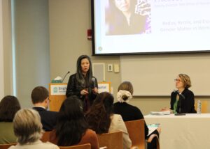 Vivian Ota Wang, PhD, FACMG, CGC, answering questions after her keynote address