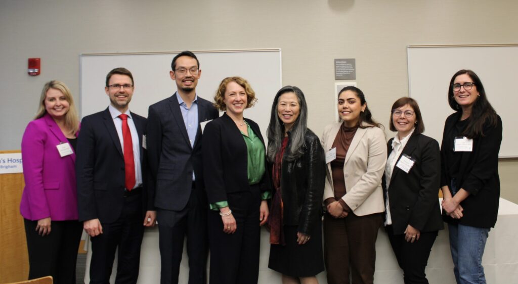 2024 Annual Symposium Speakers, pictured from left to right: Kara McKinley, PhD; Florian Fintelmann, MD; Izzuddin Aris, PhD; Hadine Joffe, MD, MSc; Vivian Ota Wang, PhD, FACMG, CGC; Rohini Dutta, MBBS, MPH; Primavera Spagnolo, MD, PhD; Dr. Lidia Minguez-Alarcon, PhD (Note: Kendra Harris, MD, is missing from phot